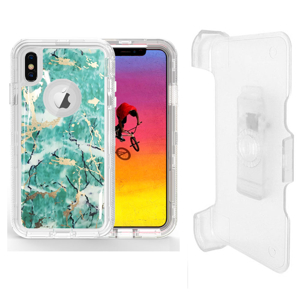 iPHONE Xr 6.1in Marble Design Clear Armor Robot Case with Clip (Green)